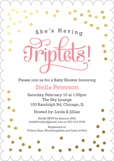 White Confetti Triplets Shower Invitations